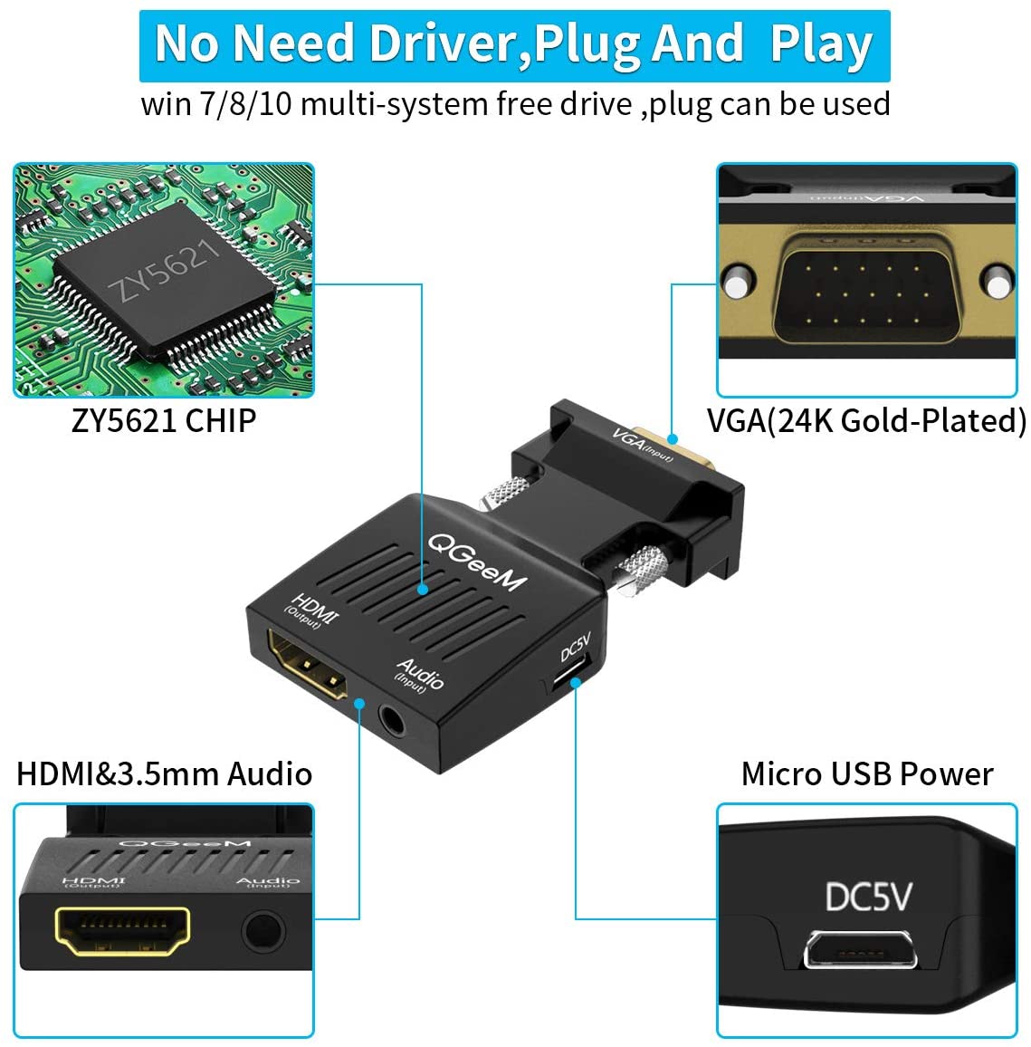 QGeeM VGA to HDMI Adapter - QGeeM