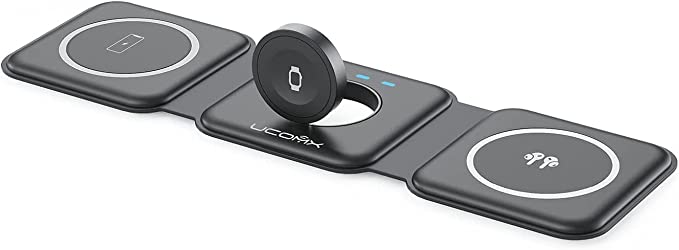 UCOMX Nano 3 in 1 Wireless Charger,Magnetic Foldable Charging Station,Fast Wireless Charging Pad,Compatible with iPhone 13/12/SE/11/XS/8,Samsung Galaxy,AirPods Pro,Apple Watch(Adapter Included) - QGeeM