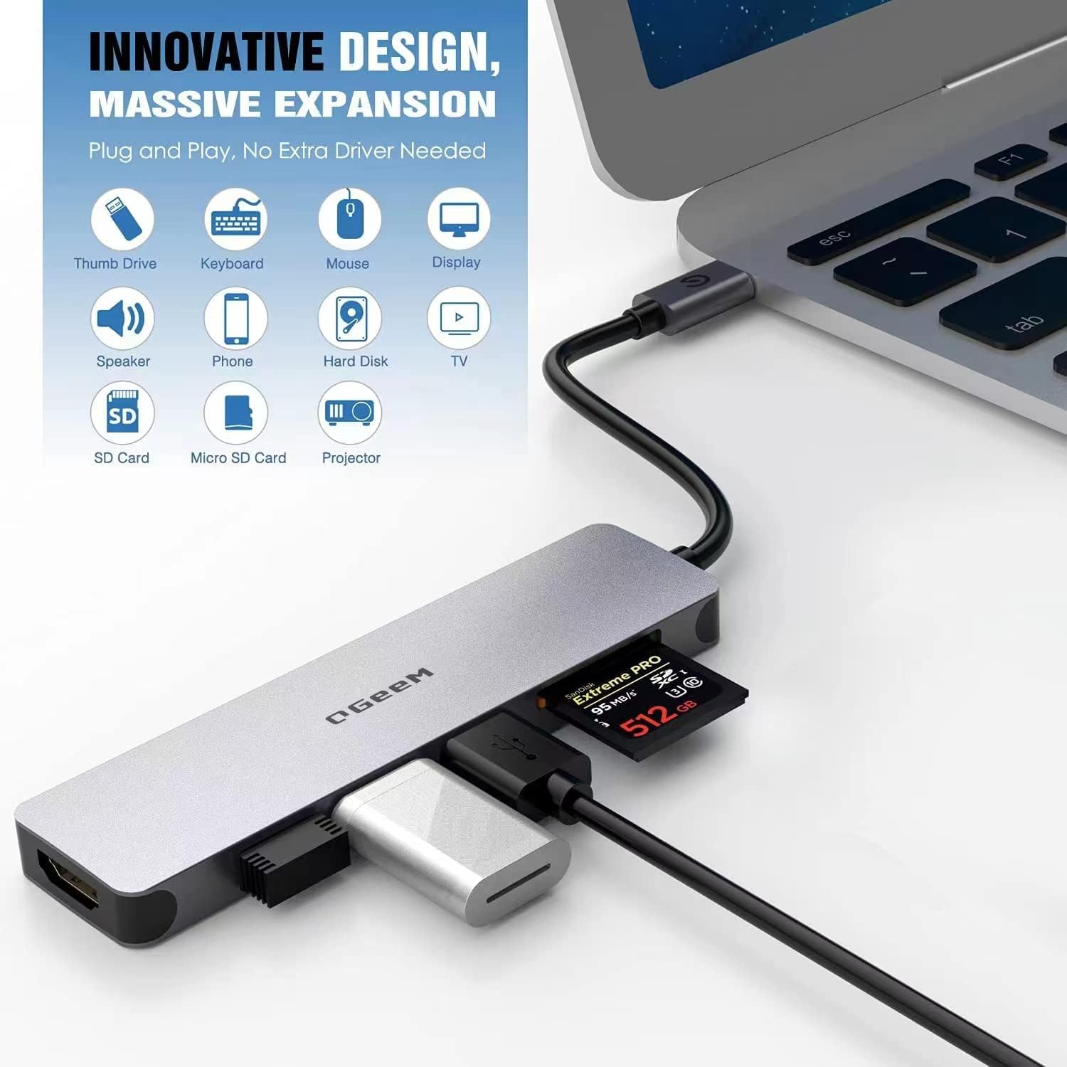 USB C Hub, QGeeM 6 in 1 USB C to HDMI Adapter 4k, USB C Dongle with 3 USB 3.0 Ports, SD/TF Card Reader, Compatible for MacBook Ipad HP Dell XPS and More Type C Device - QGeeM